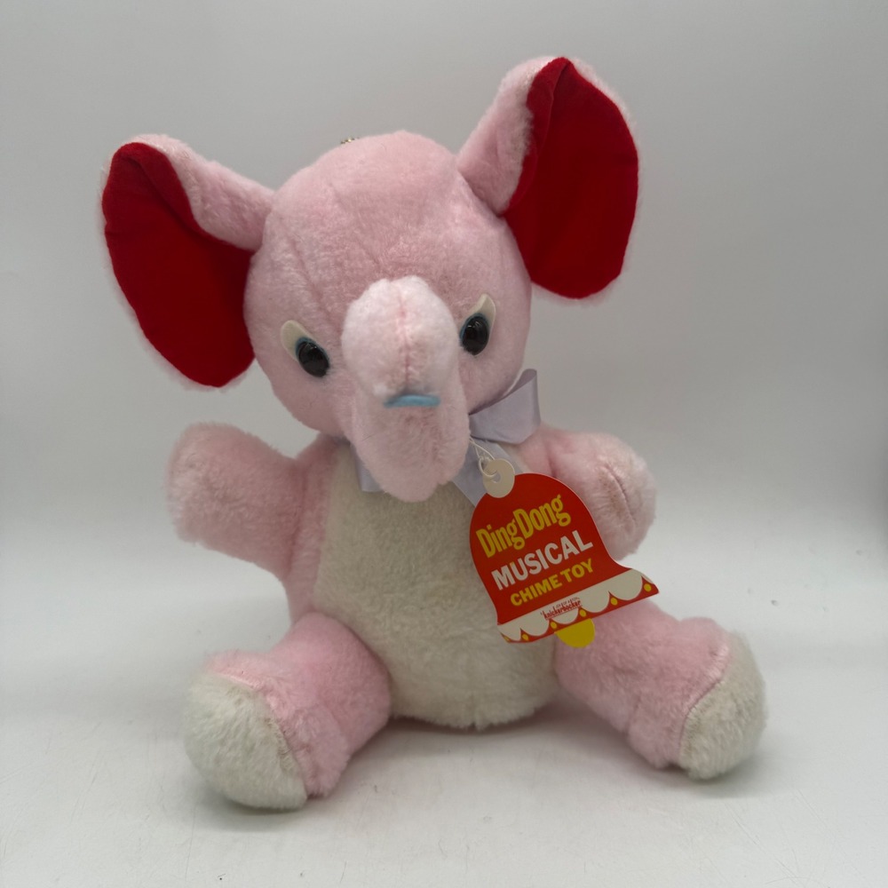 Knickerbocker Roly Poly Plush Elephant Baby Pink Musical Chime Vintage Toy w Tag